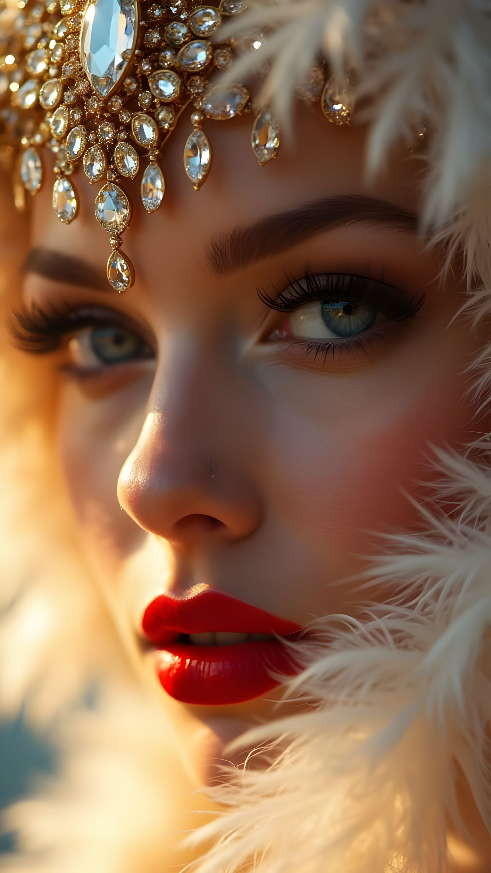 Glamorous Woman with Jewels and Feathers in Cinematic Style