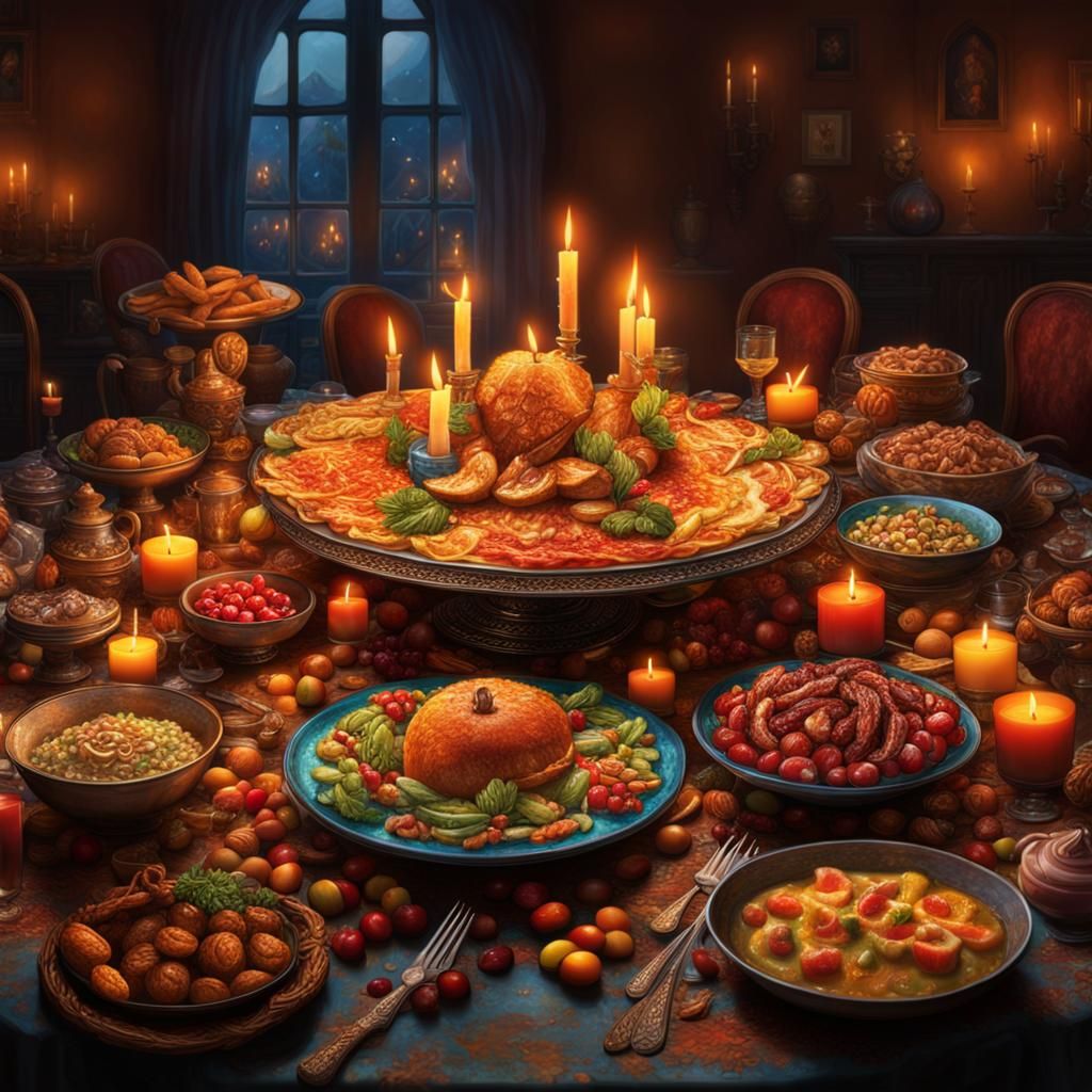 Hyperrealistic Candlelit Feast on Elaborate Table