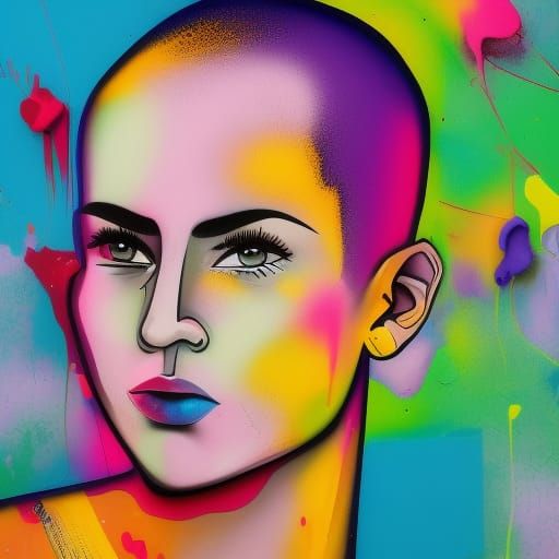 Colorful Graffiti Art Portrait with Buzz Cut