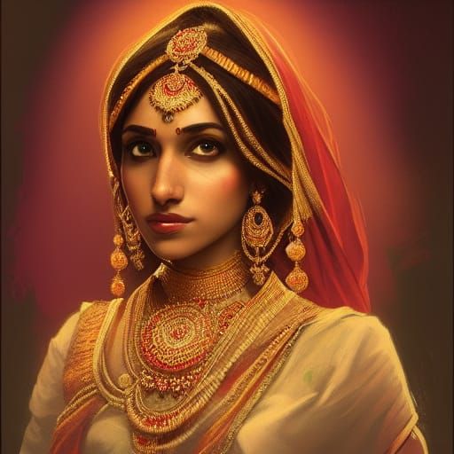 Intricate Portrait of Indian Bride in Art Nouveau Style