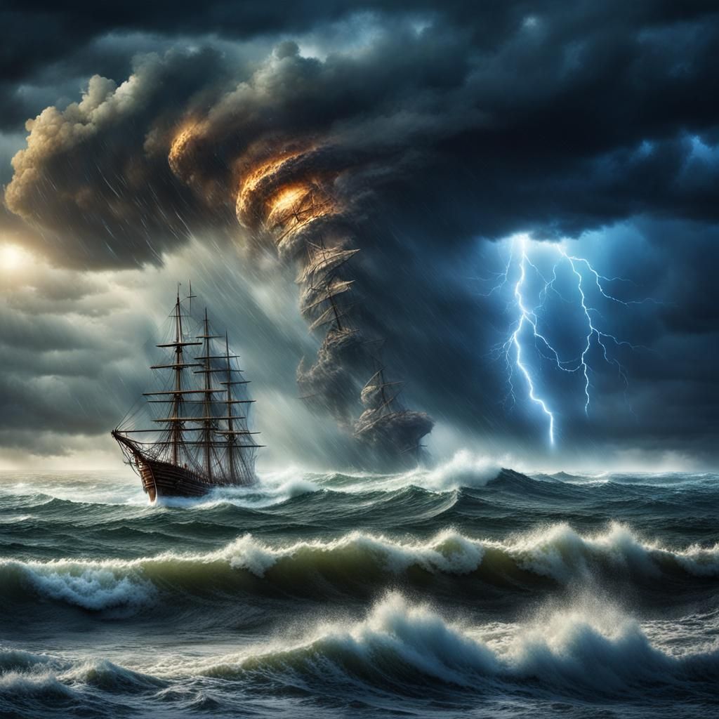 Cinematic Storm with Offshore Twister and Sailing Ship