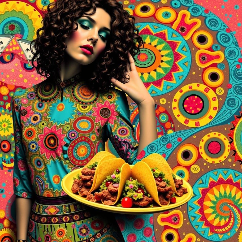 Woman Gazing at Tacos in Collage Style
