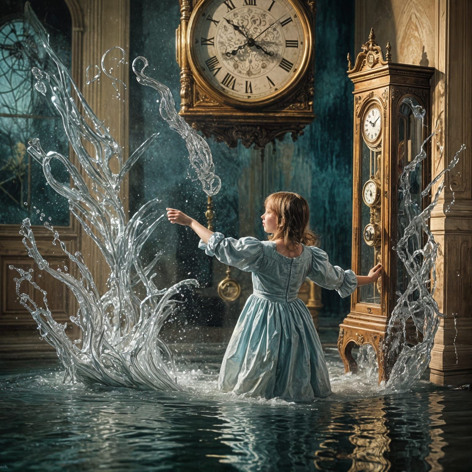 Girl Touches Melting Clock in Impressionistic Surrealism
