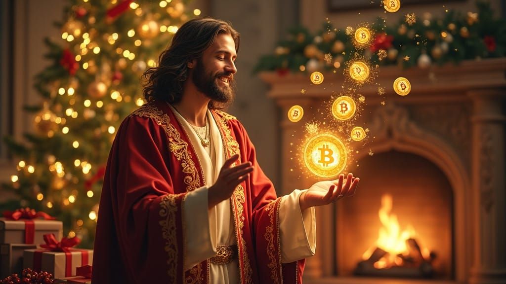 Elegant Christmas Scene with Glowing Bitcoins