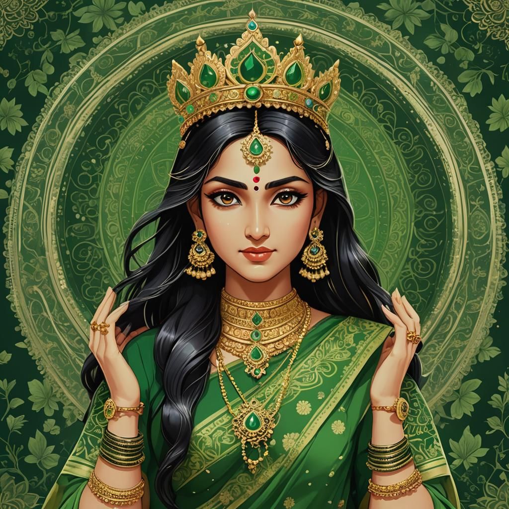 Devi Maa in Verdant Saree: 3D Anime Art