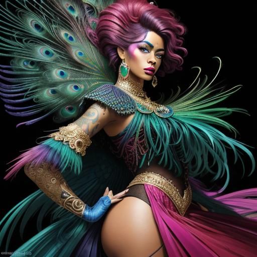 Rainbow Woman Portrait with Peacock Feather Hair