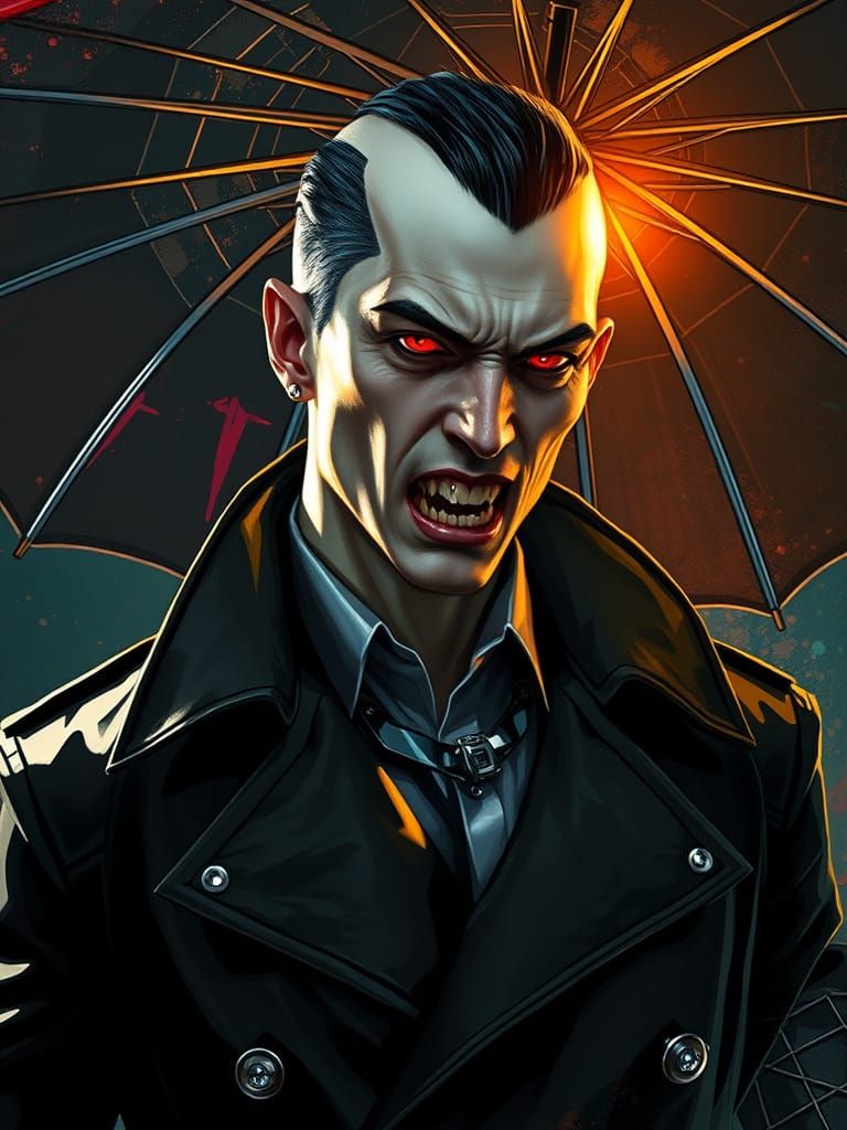 An elegant high-tech vampire with protruding fangs from his mouth, using futuristic gadgets to avoid the sun.
