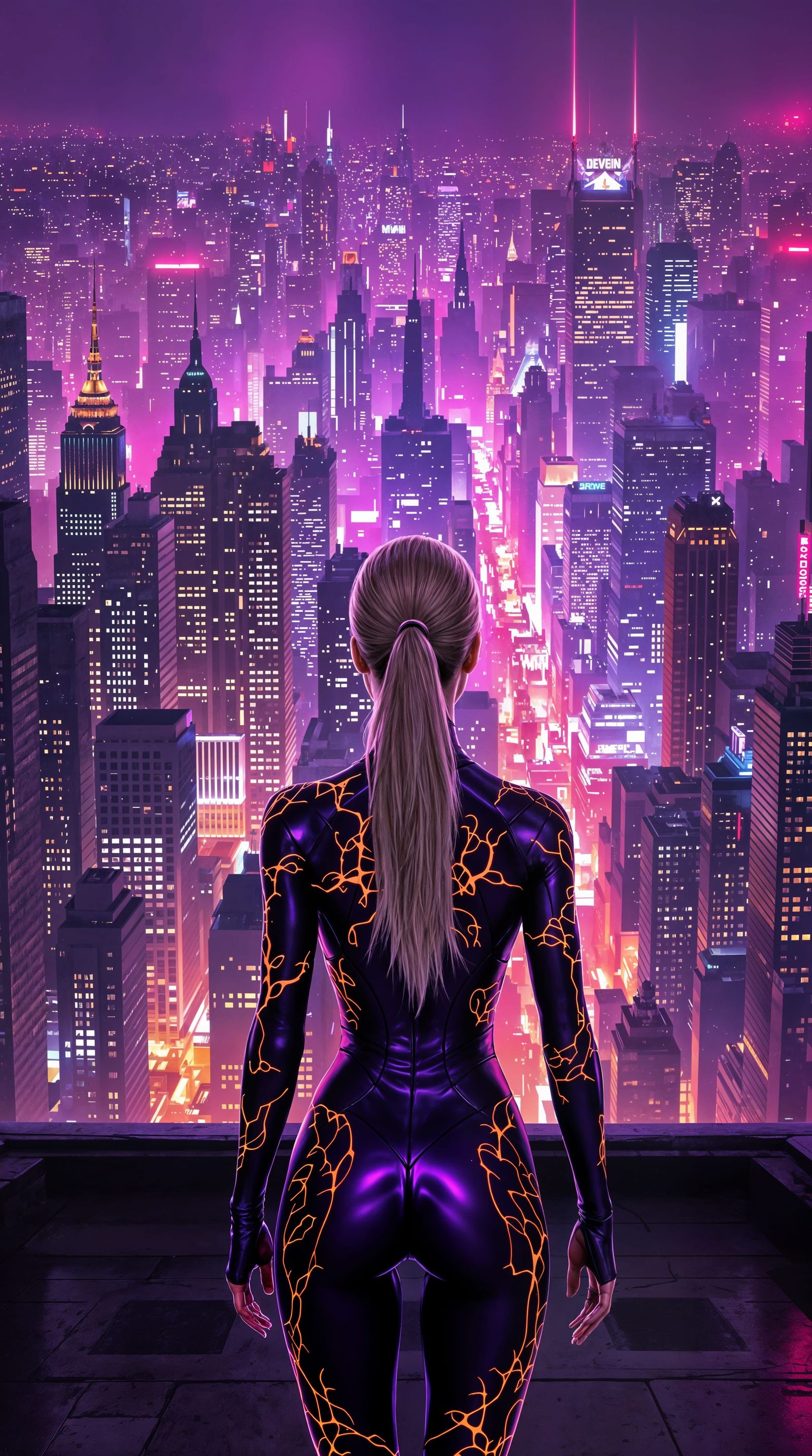Cyberpunk Goddess Illuminates Neon City