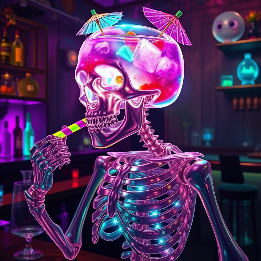 Crystal Skeleton Sipping Cocktail in Fantasy Bar