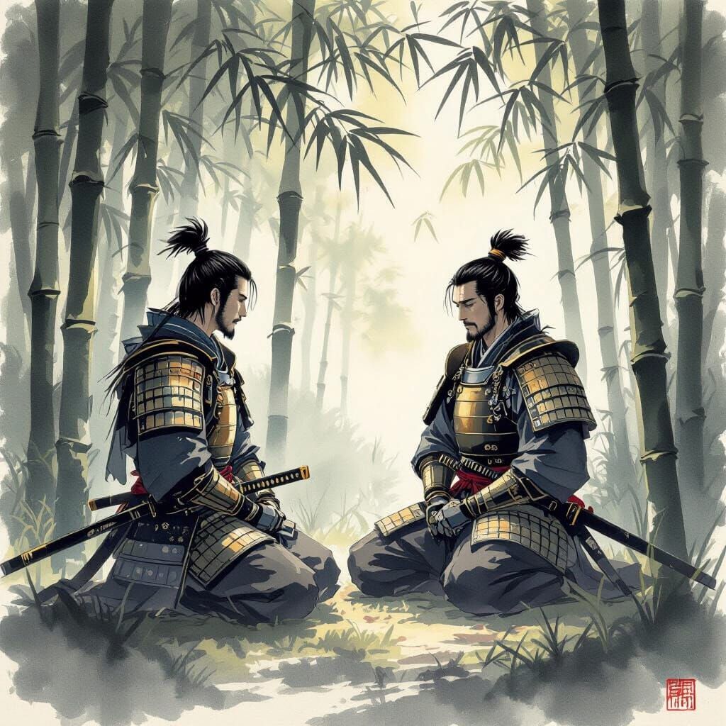 Samurai Kneeling in Bamboo Forest in Ink Wash Style