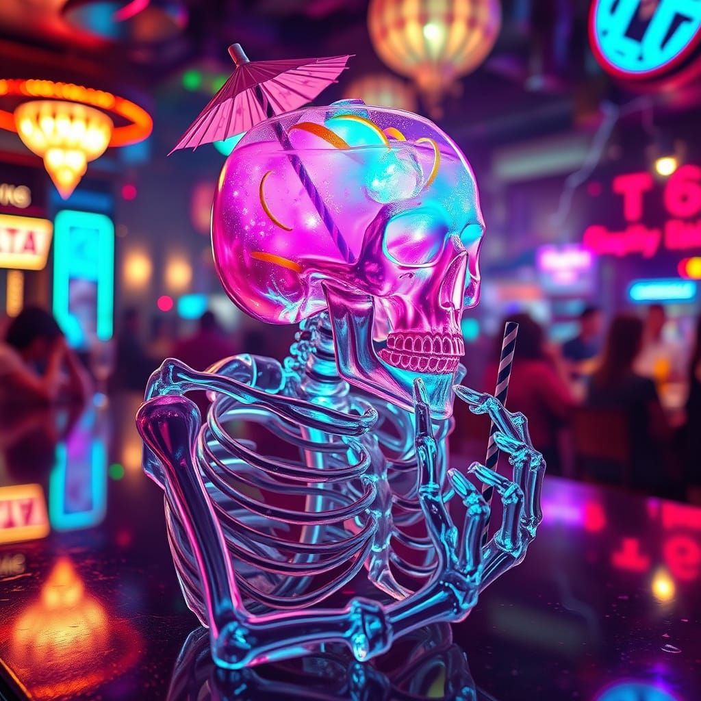 Crystal Skeleton at Neon Bar with Glowing Cocktail