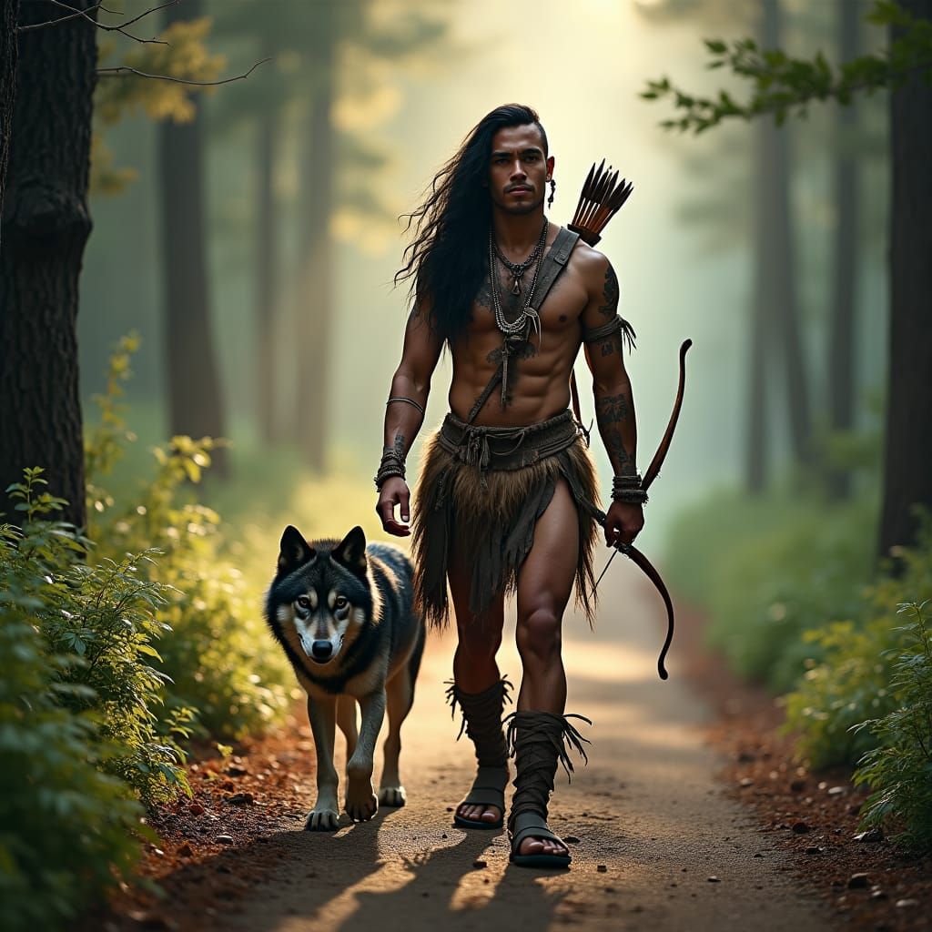Native American Warrior in Misty Forest