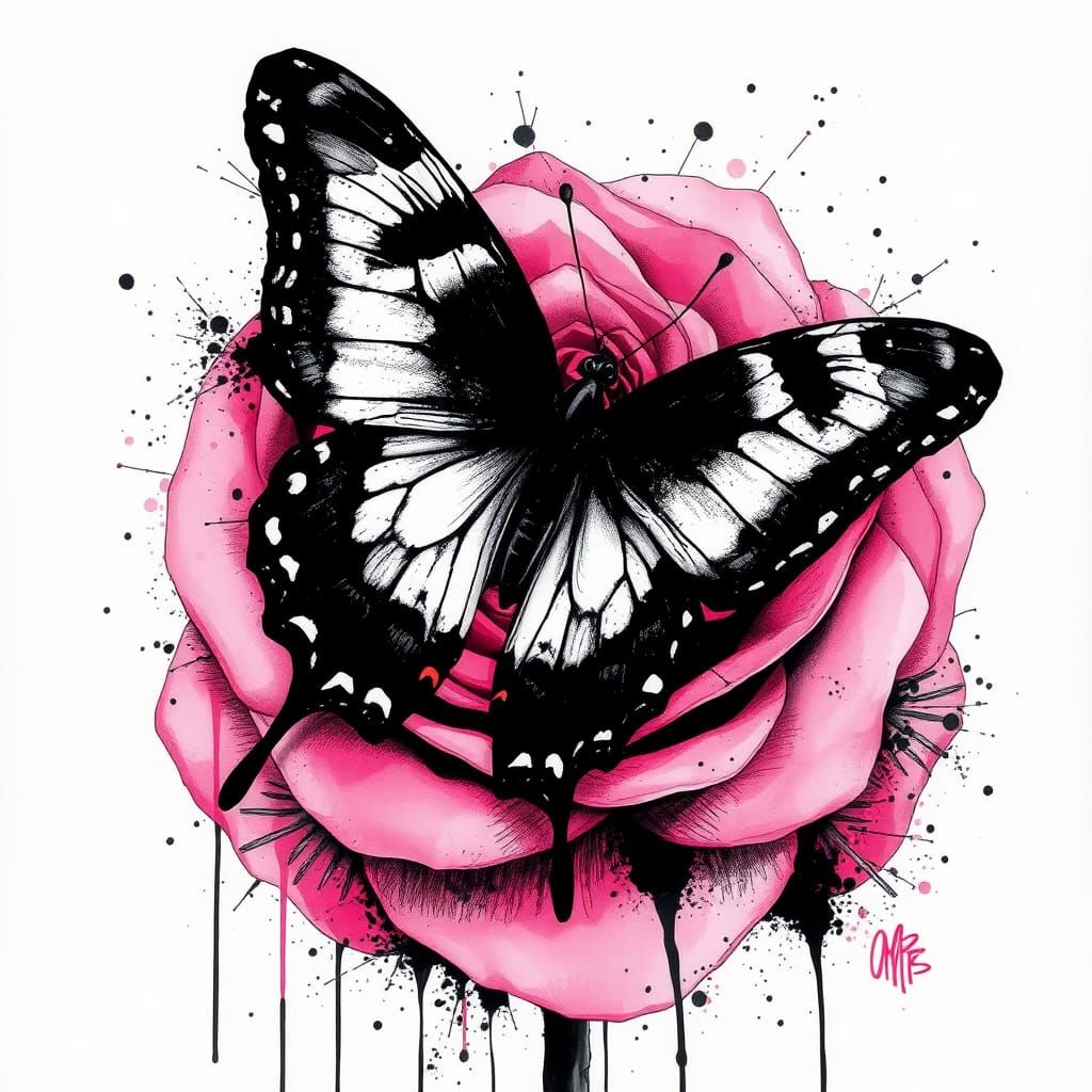 Butterfly on Rose in Splatter Ink Concept Art