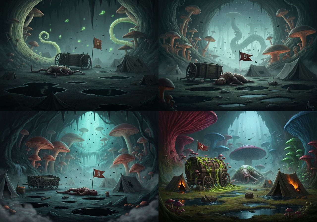 Eerie Fungal Biome with Glowing Mycelium and Dead Creature