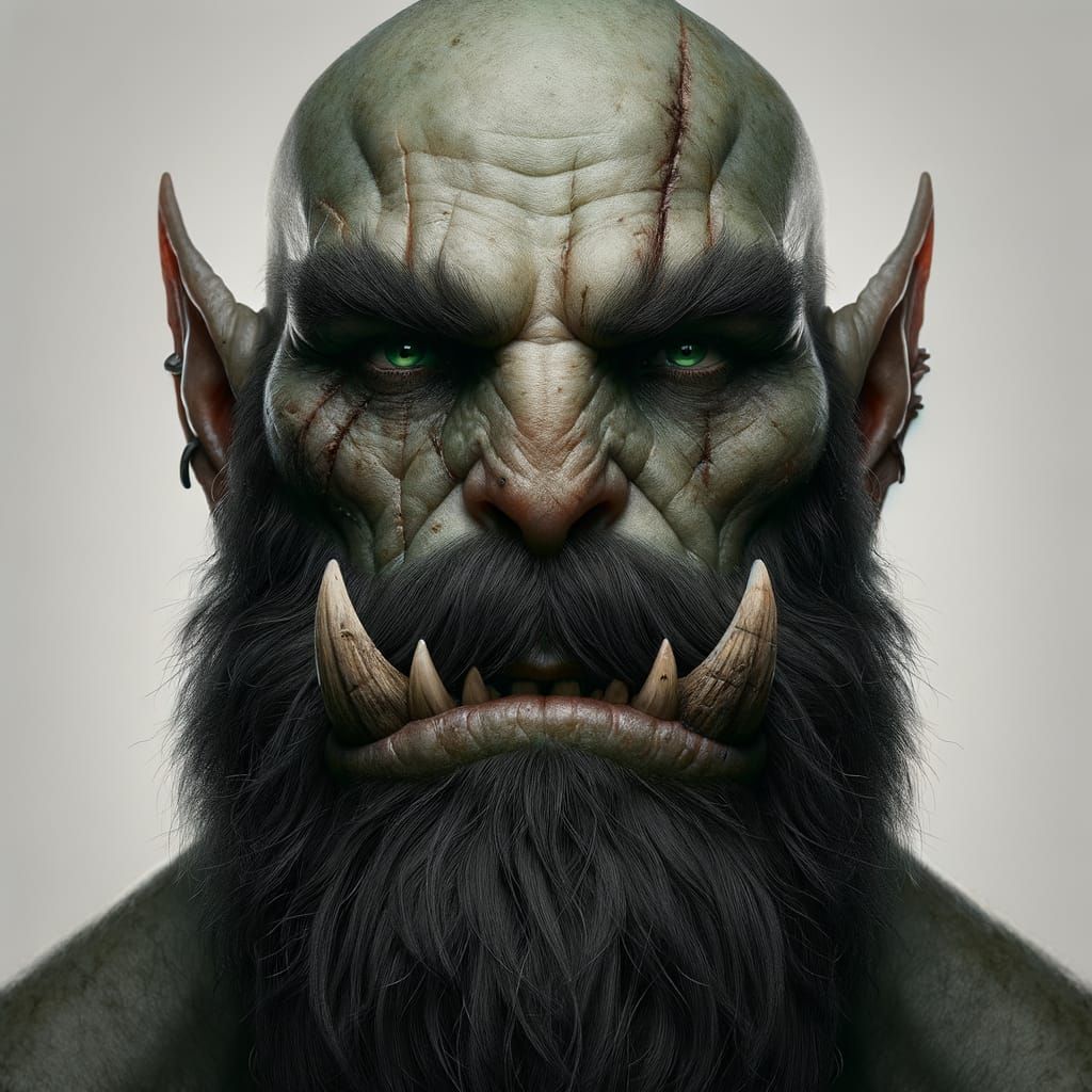 Half-Orc Warrior with Claw Scars and Green Eyes