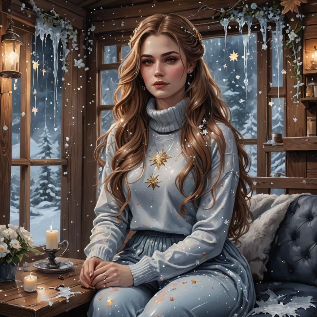 Painted Cabin Scene of Feyre with Falling Stars