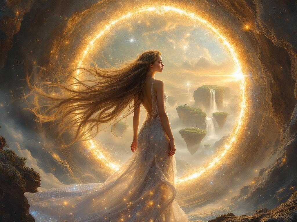 Ethereal Woman at Portal to Fantasy Landscape