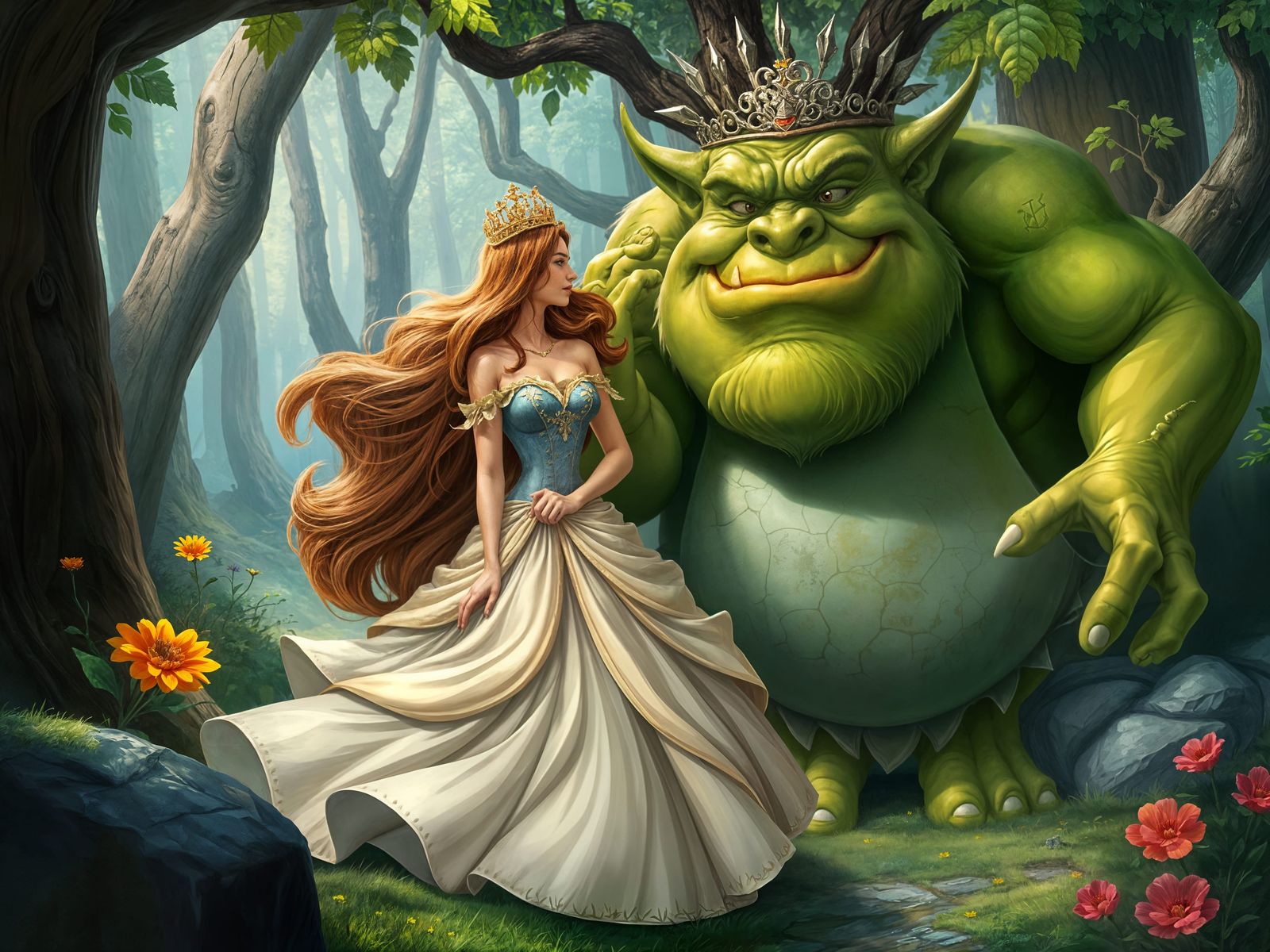 Ogre Helps Princess in Whimsical Fantasy Forest