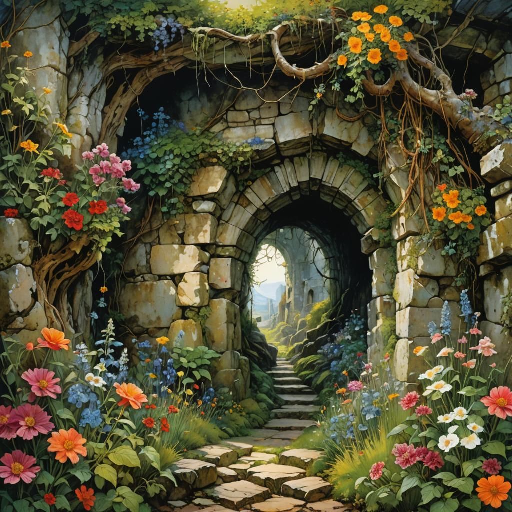 Blooming Garden Through Stone Wall: Fantasy Illustration