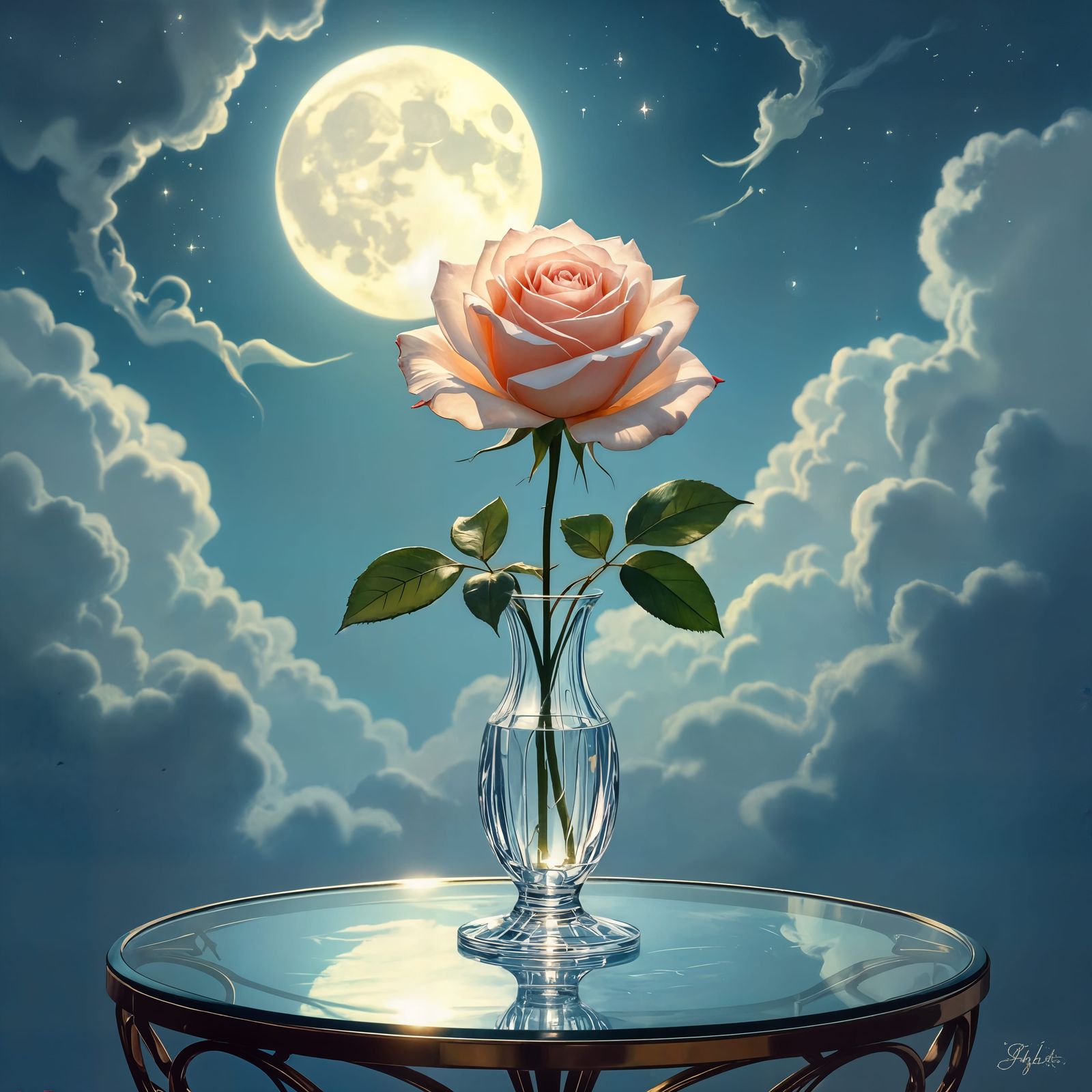 Moonlit Rose in Vase Still Life