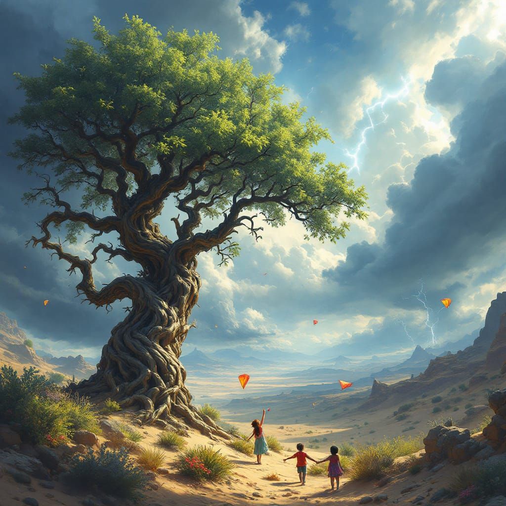 Windswept Tree and Children Flying Kites
