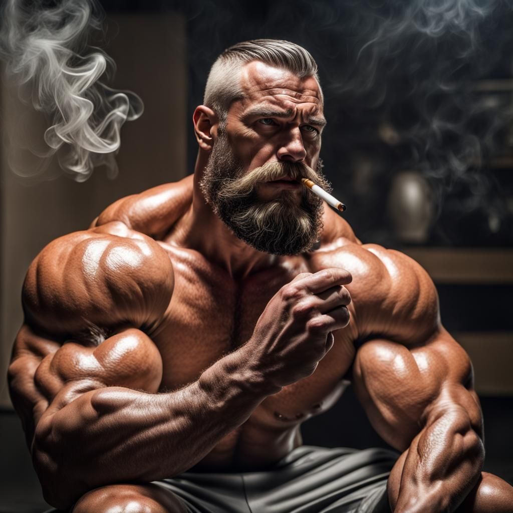 Hyperrealistic Bodybuilder Smoking Cigarette