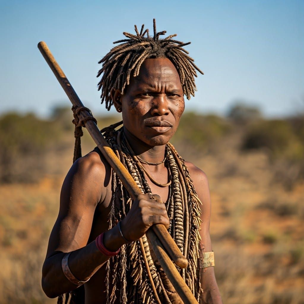 San Hunter in Kalahari Desert with Tools