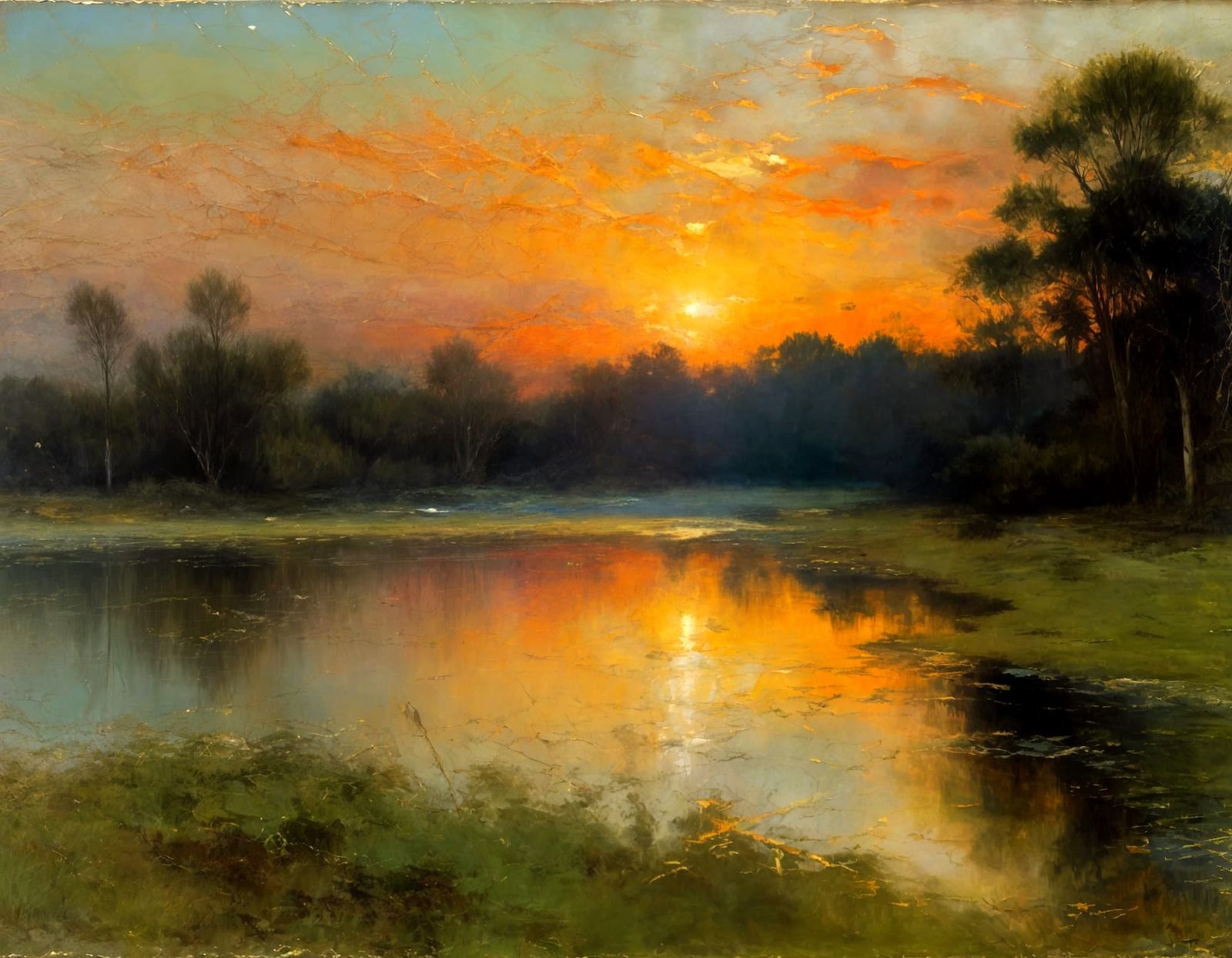 Serene Summer Lake at Sunset: Distressed Impressionism