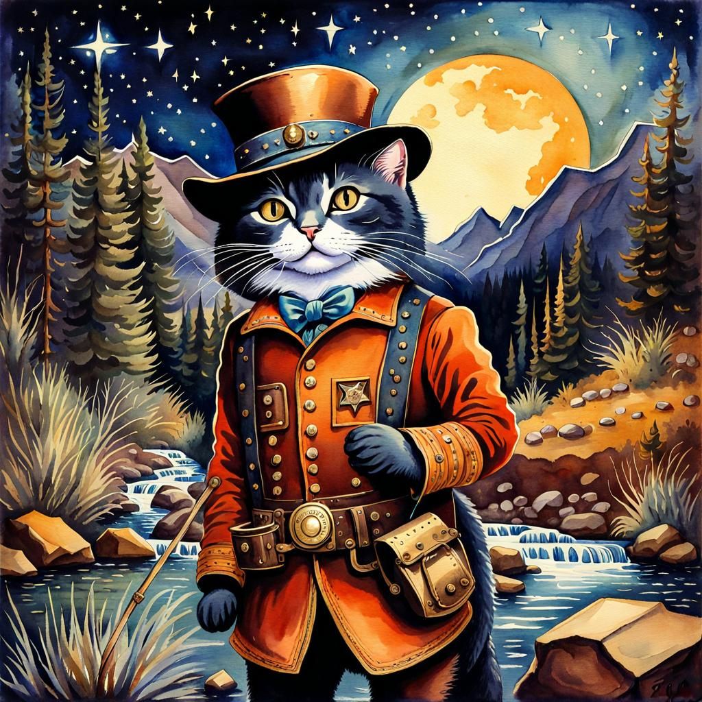 Anthropomorphic Cat Prospector in Steampunk Watercolor