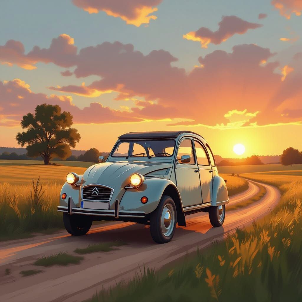 Citroën 2CV on Rural Path at Sunset
