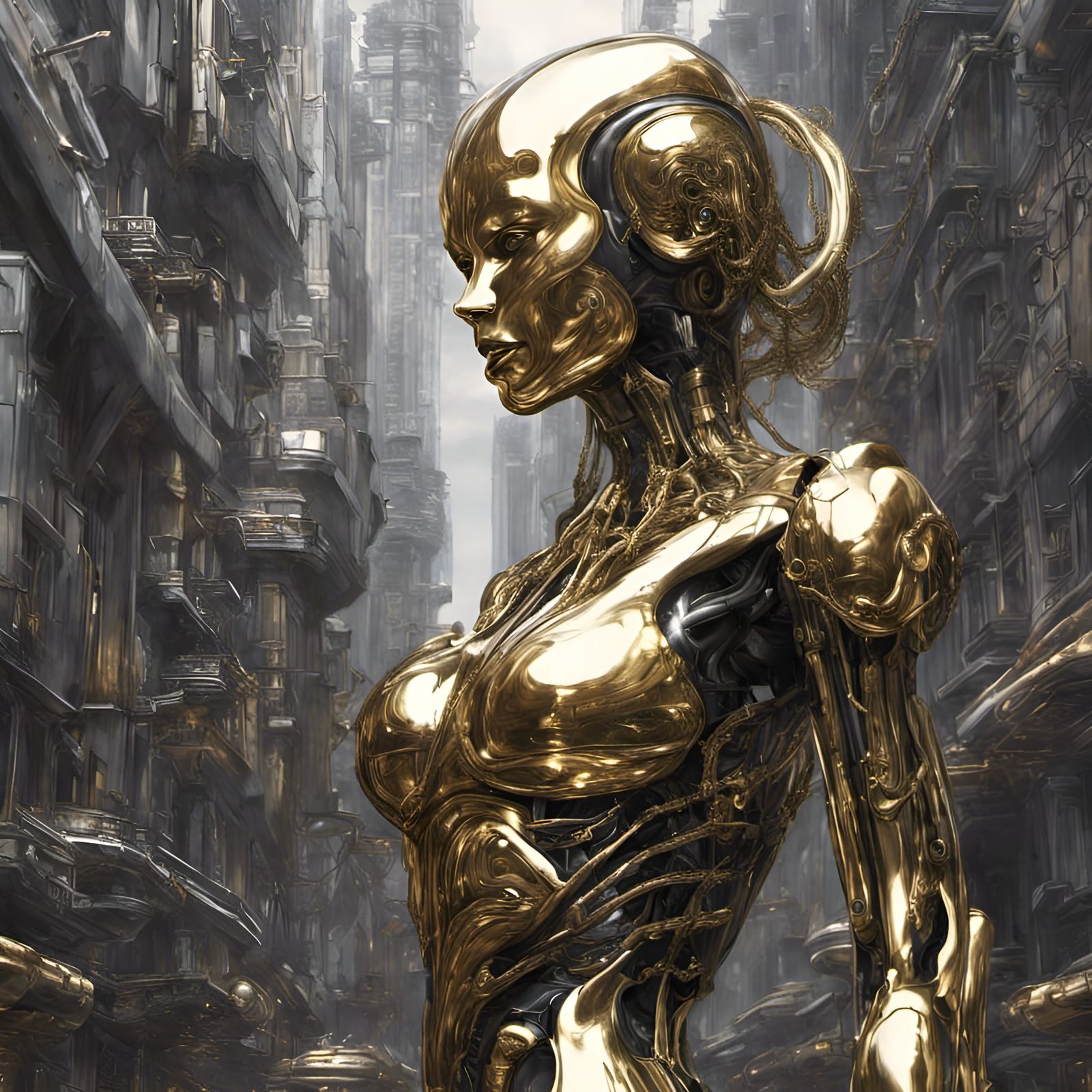 Golden Sci-Fi City of Robot Women in Baroque Style