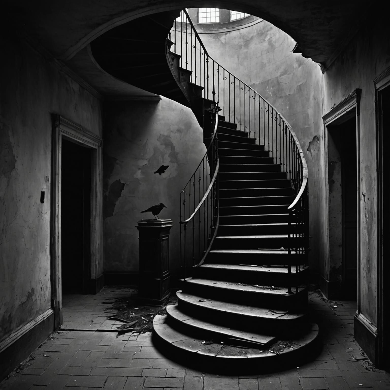 Eerie Staircase Ascending into Darkness: Matte Painting