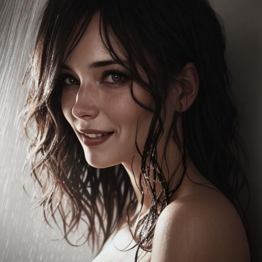 Laughing Woman Reaching for Towel Portrait