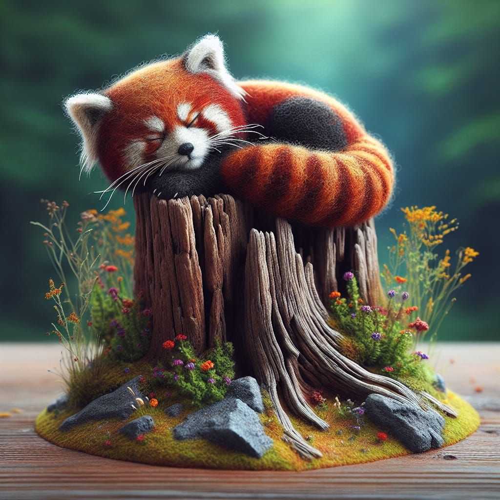 Felted Red Panda Sleeping on Tree Stump with Wildflowers