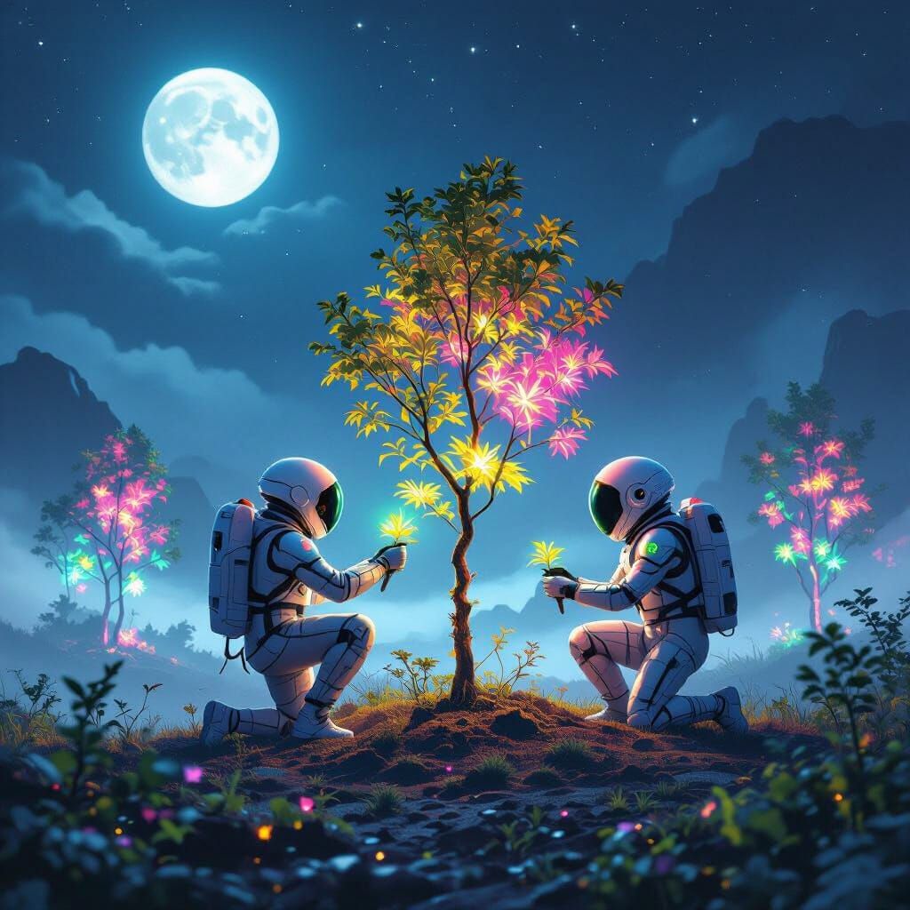 Futuristic Aliens Planting Glowing Trees on Earth