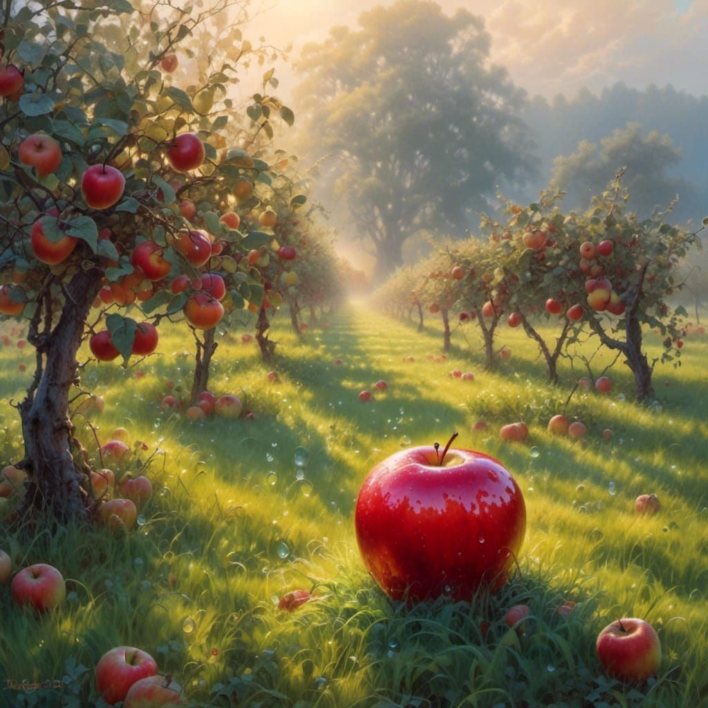 Red Apple with Dew Drops in Orchard Mist