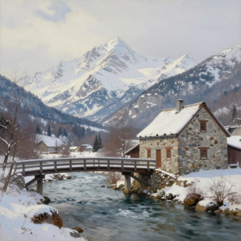 Winter Mountain Landscape with Quaint Stone House and Bridge