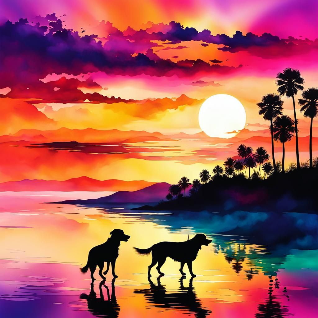 Sunset Over Bay with Dog Silhouettes, Alcohol Inks