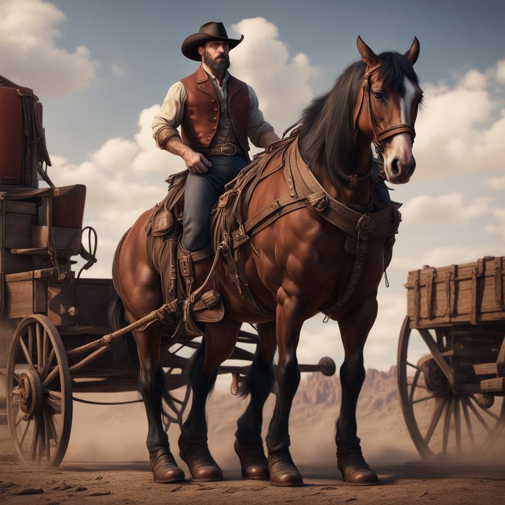 Cowboy with Clydesdale in Early America, Detailed Painting