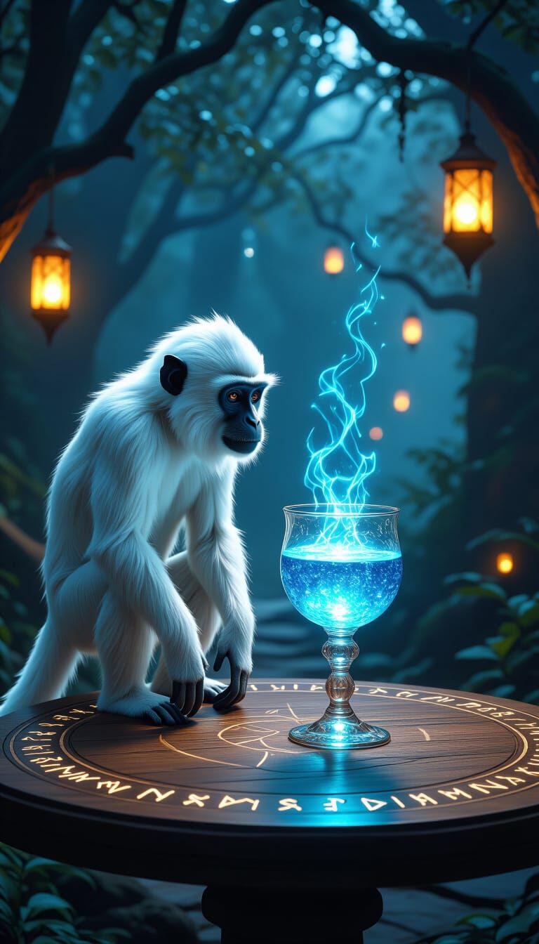 White Monkey Gazes at Glowing Chalice in Enchanted Forest