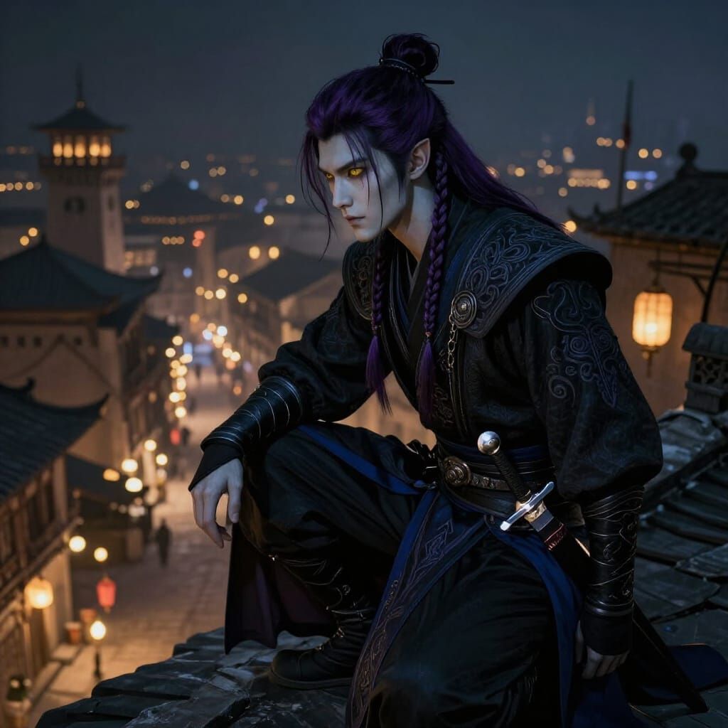 Half-Elf Assassin Overlooks Lantern-Lit City