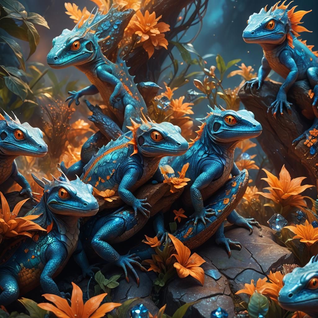 Iridescent Diamond Lizards in Surreal Fantasy Art