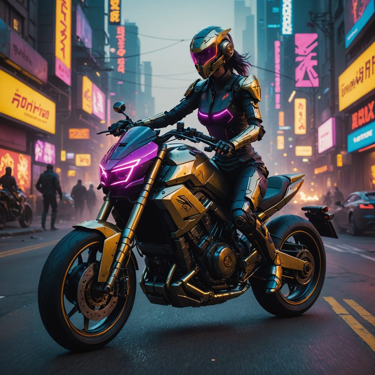 Futuristic Robot Rides Neon Cyberpunk Motorcycle