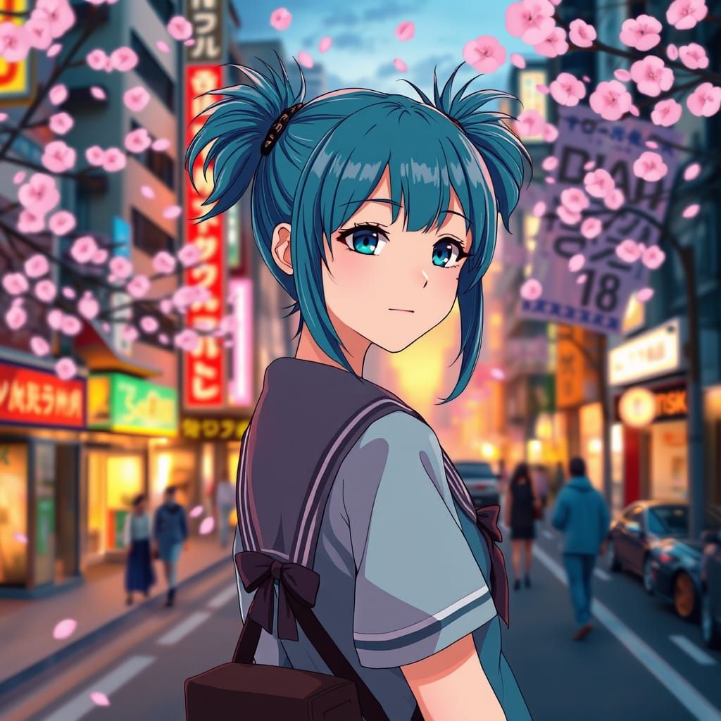 Anime Girl in Tokyo Twilight with Teal Hair