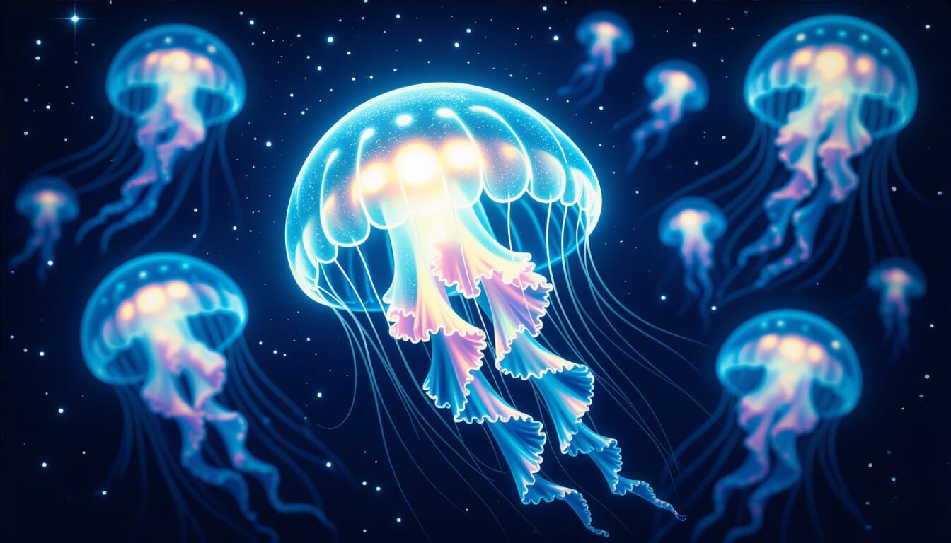 Bioluminescent Jellyfish Drifting Through Deep Space