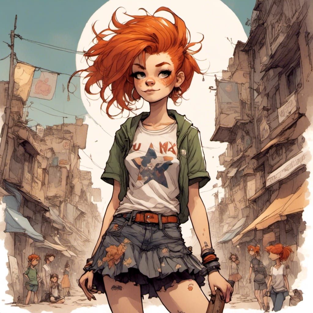 Fox-girl VIXEN ginger hair Mohawk, drawn in the art style of Jamie Hewlett and Gorillaz, wearing a t-shirt with a star t...