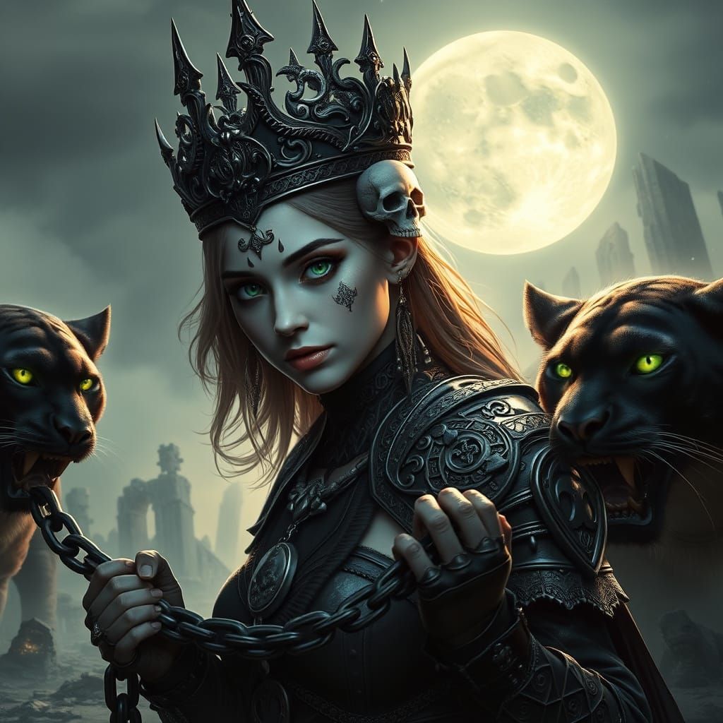 Gothic Warrior Woman with Emerald Eyes and Shadowy Cougars