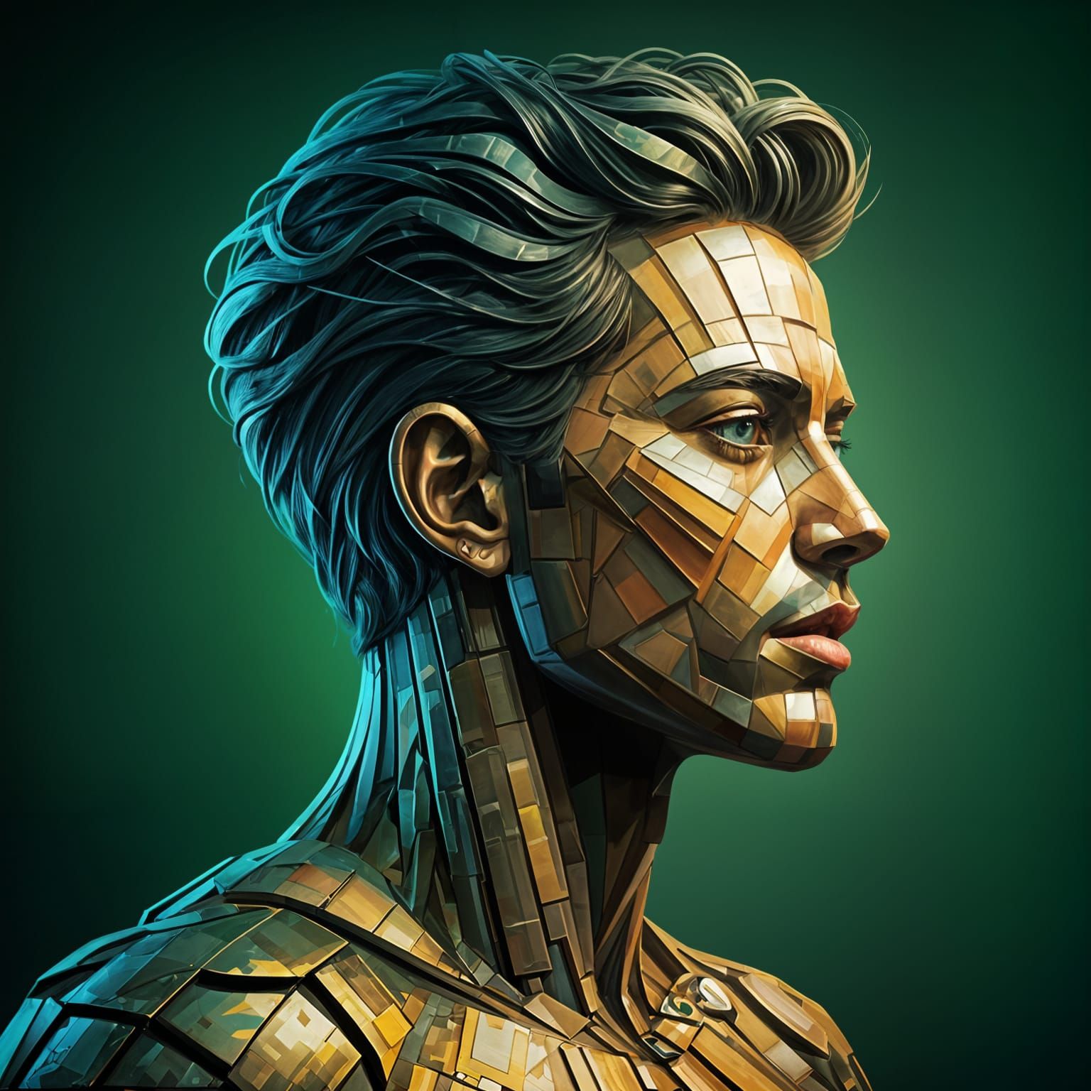 Green Recycled Portrait in Cubist Art Style