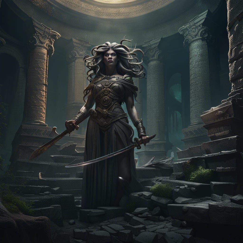 Medusa with Sword in Ancient Ruins: Dark Fantasy Art