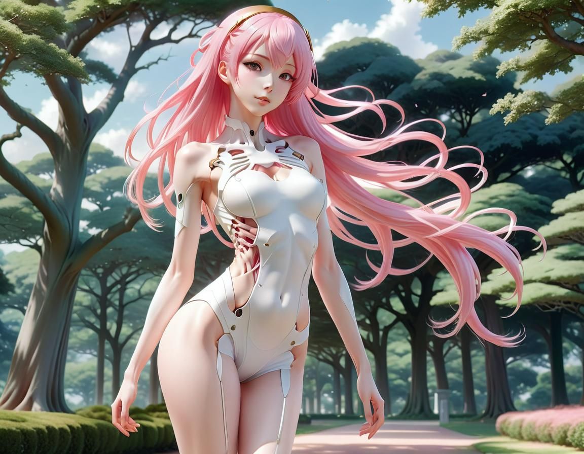 Adorable Anime Girl with Pink Hair in Forest